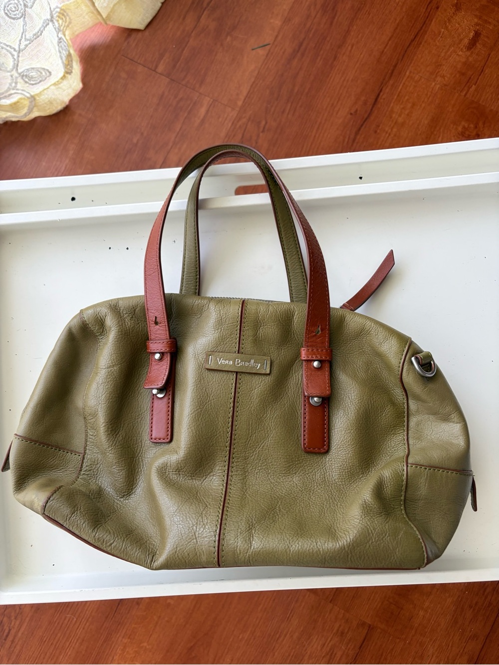 Vera Bradley Olive Green Duffel with Brown Leather Handles